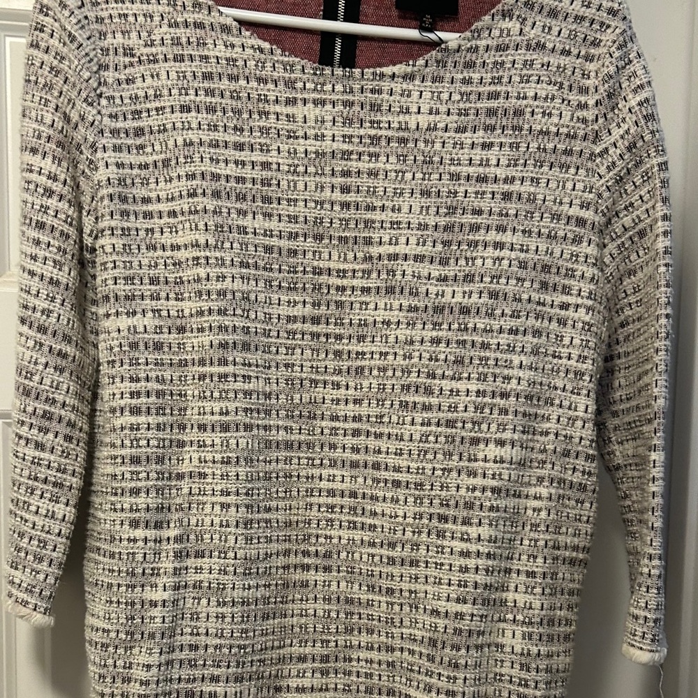 Wool Blend Embellished Sweater/Shirt. Textured Crème w Black and Red Pattern.